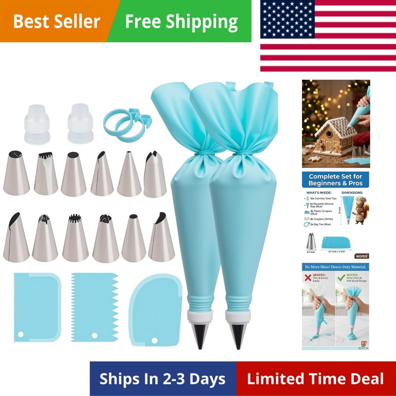 Piping Bags and Tips Set, 2 Reusable Bags, 12 Icing Tips, 2 Couplers, 3 Scrapers