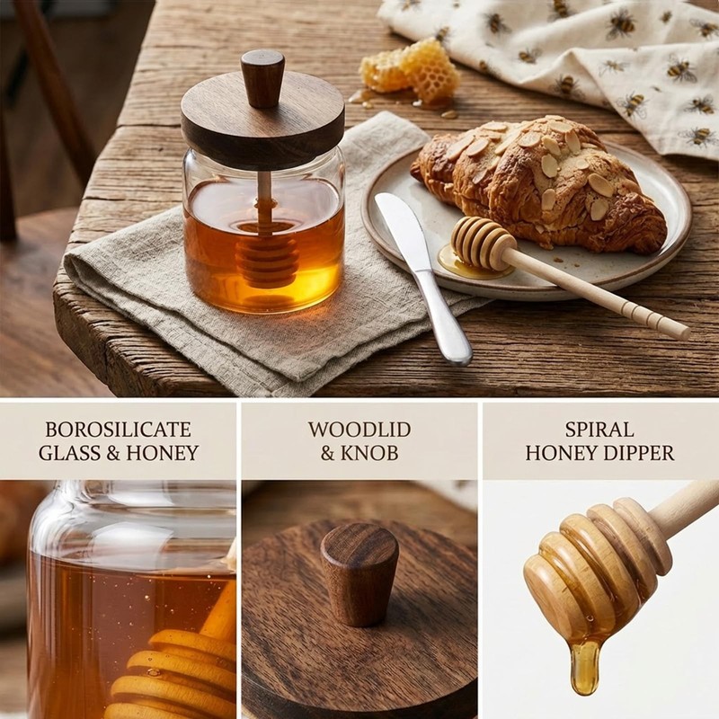12 Oz Honey Jar with 2 Wooden Dippers and Lid,Honey Pot Dispenser,Clear Glass... gallery