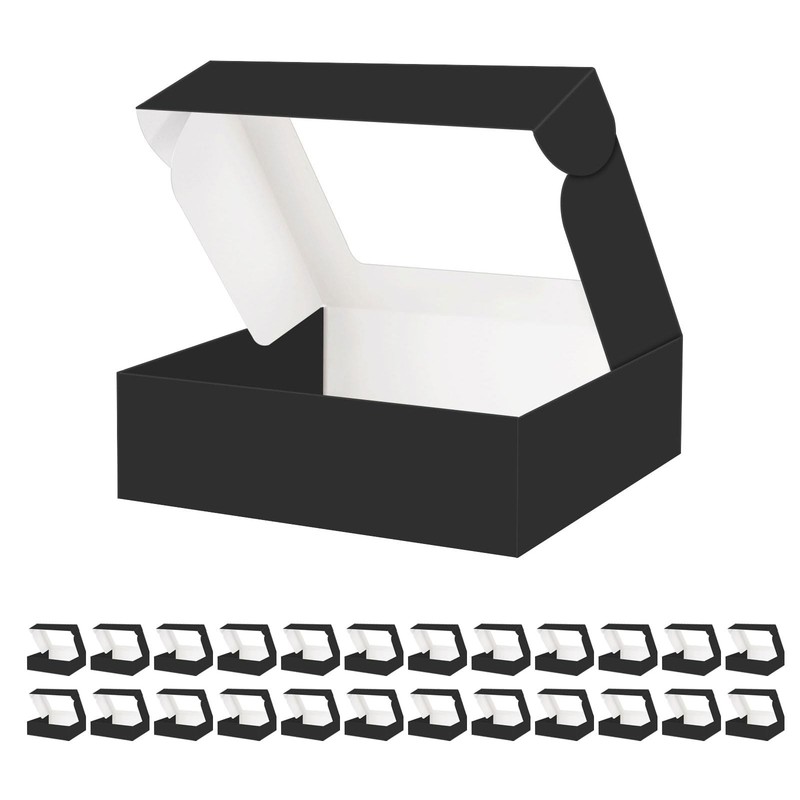 25 Cookies Boxes 10x8x2.5 Inches Black Bakery Boxes with Window Strawberries