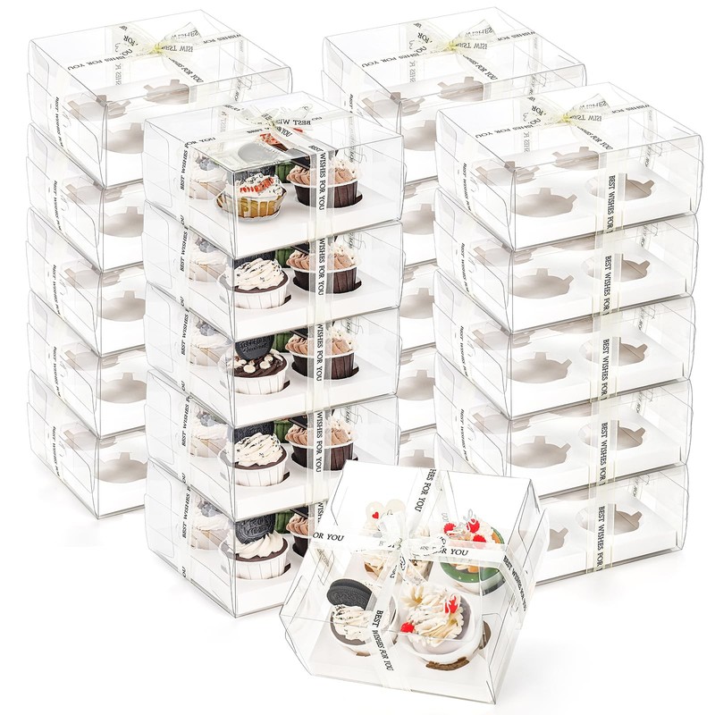 Cedilis 20 Pack Clear Cupcake Boxes with Gift Ribbon, 4 Count Plastic Cupcake…