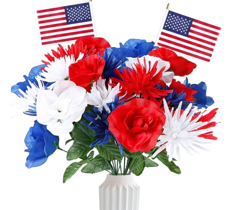 30 Pcs Patriotic Artificial Flowers Memorial Bouquet Fake Red White and Blue