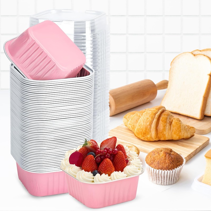 100Pack 5oz Pink Mini Cake Pans with Lids Baking Cups Aluminum Foil Pans Tins... gallery