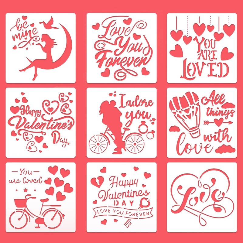 9 PCS Valentines Day Cake Stencils Kit Reusable Cookie Coffee Love Words gallery