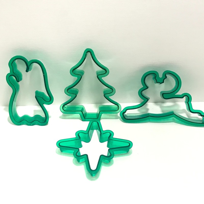 Green Plastic Christmas Holiday Cookie Cutters Tree Angel Reindeer 4 pieces