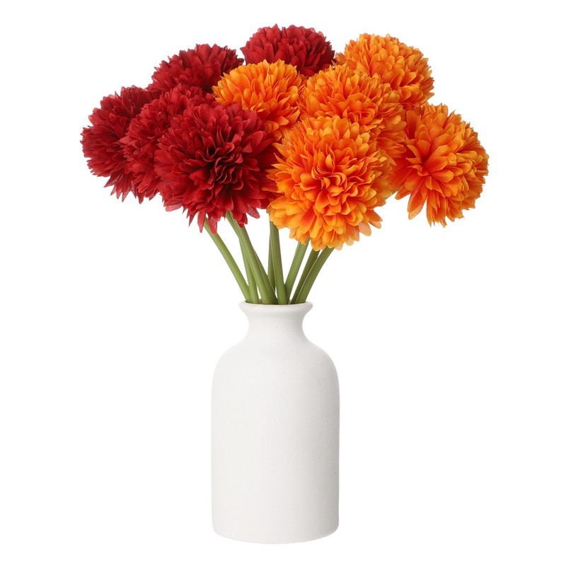 10pcs Artificial Chrysanthemum Ball Flowers Faux Mum Flower Bouquet, Red/Orange