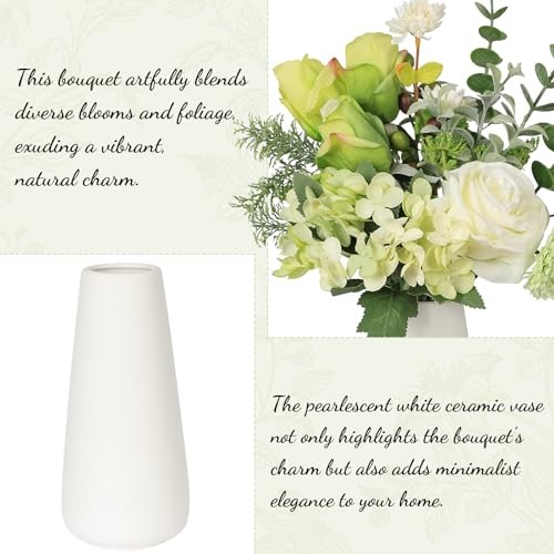 Small Artificial Flowers in Ceramic Vase, Faux Flower Bouquet for White+green gallery