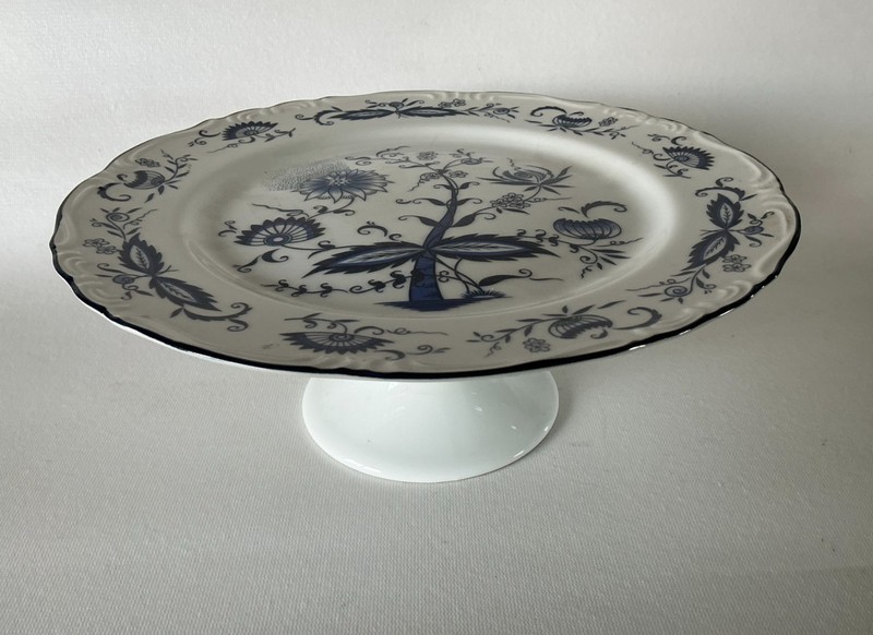 House of Prill Pedestal Cake Stand Blue Onion Danube Japan Vintage