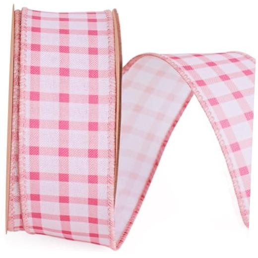 Gingham Burlap Ribbon Wired 1 1/2 Inch x 10 Yards, 1.5in x 10 Yard Burlap Pink