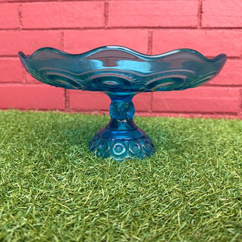 Vintage LE Smith Teal Moon and Stars Glass Pedestal Cake Stand Candy Dish gallery