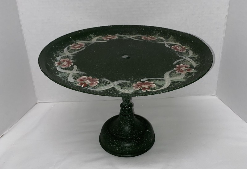 Vintage Floral Metal Pedestal Cake Plate Pie Display Stand Shabby Chic Country