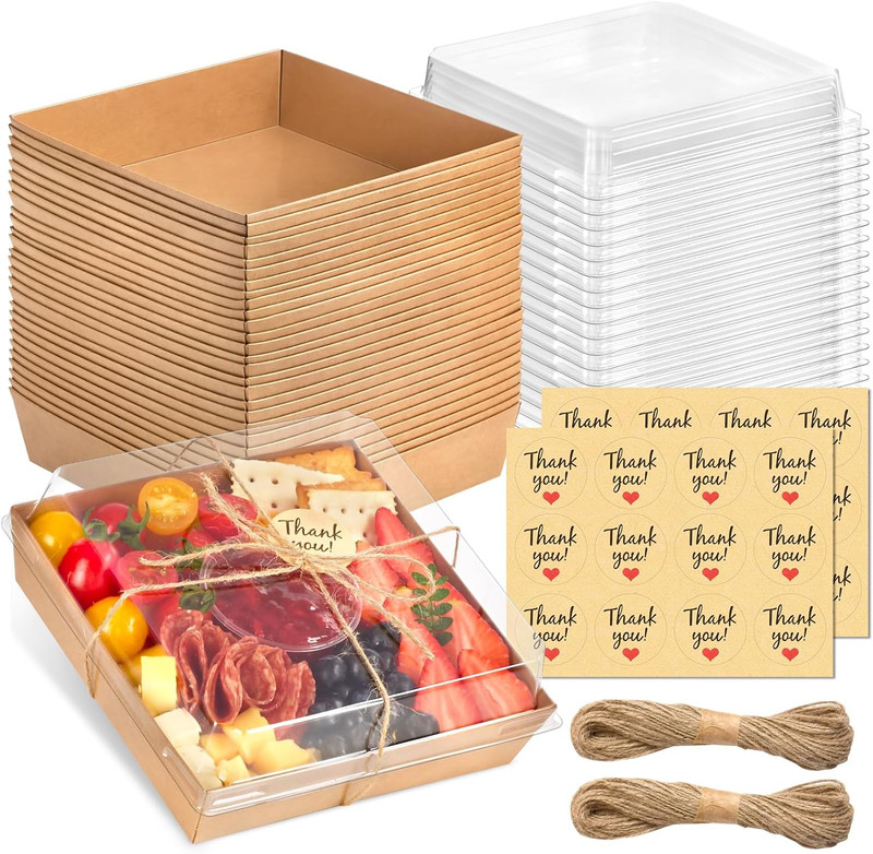 7 x 7 Inches Charcuterie Boxes with Clear Lids, 20 Pack Disposable Large Paper C