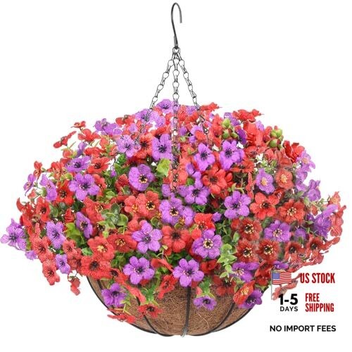 Artificial Hanging Faux Flowers Basket, Fake Silk Daisy Eucalyptus Purple Red