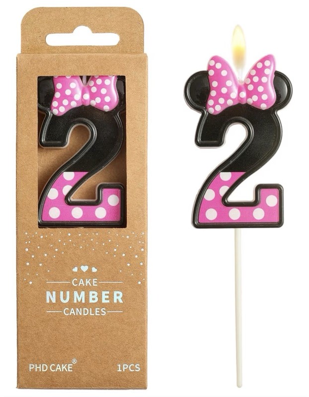 Cartoon Pink and Black Minnie Mouse 2 Number Birthday Candles 2.76 Inch Number 2