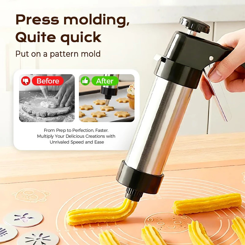 Cookie Press Stainless Steel Cookie Press Gun Kit with 13 Cookie Discs+8 Icing N gallery
