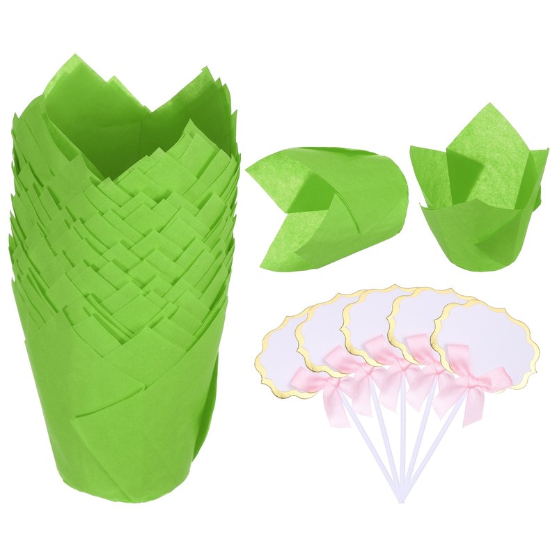 50Pcs Tulip Cupcake Liners with 5Pcs Cheese Markers Solid Baking Liners, Green