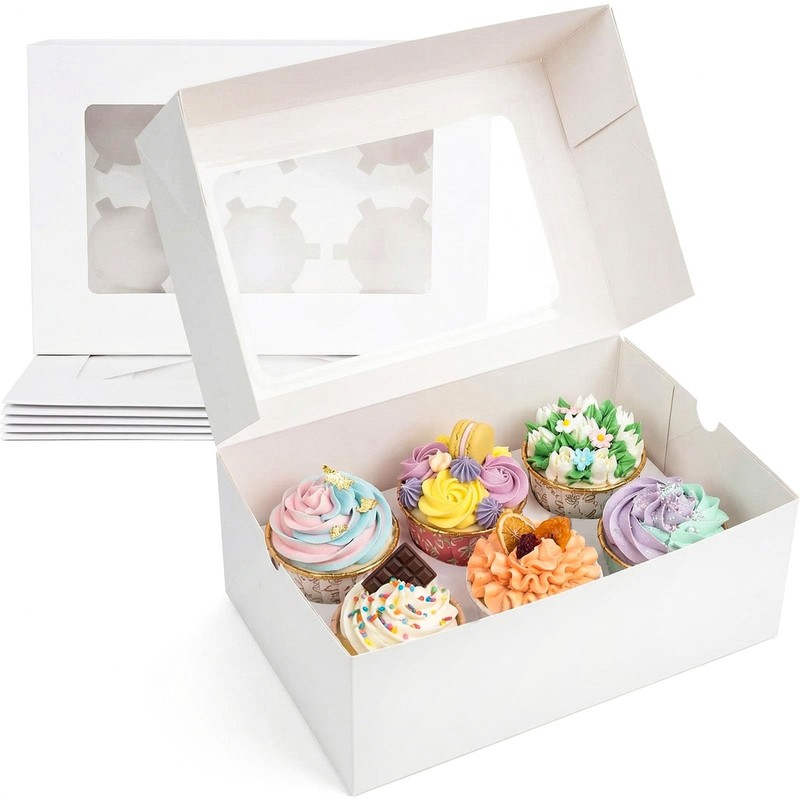 6 PCS White Cupcake Boxes Window Pastry Container Fits 9.5×6.3×3.5 Inch Box