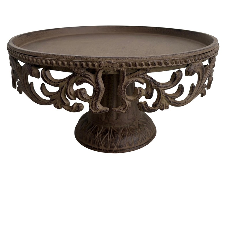 Rustic Brown Metal Cake Stand Ornate Scrollwork Pedestal Dessert Server 12.5in