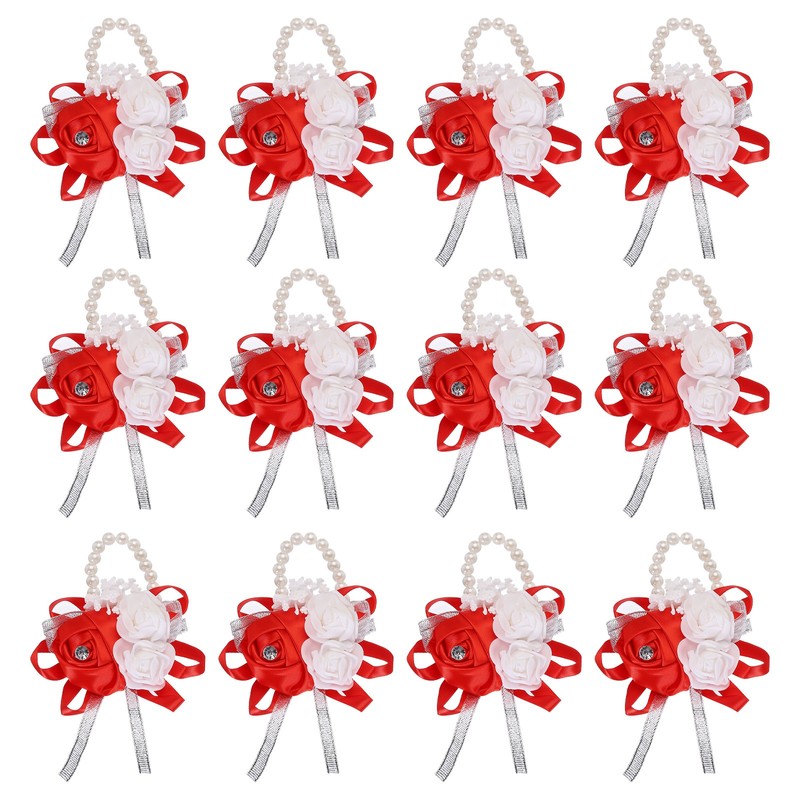 12Pcs Wrist Corsage Artificial Flower Bracelets Rose Decorative Red