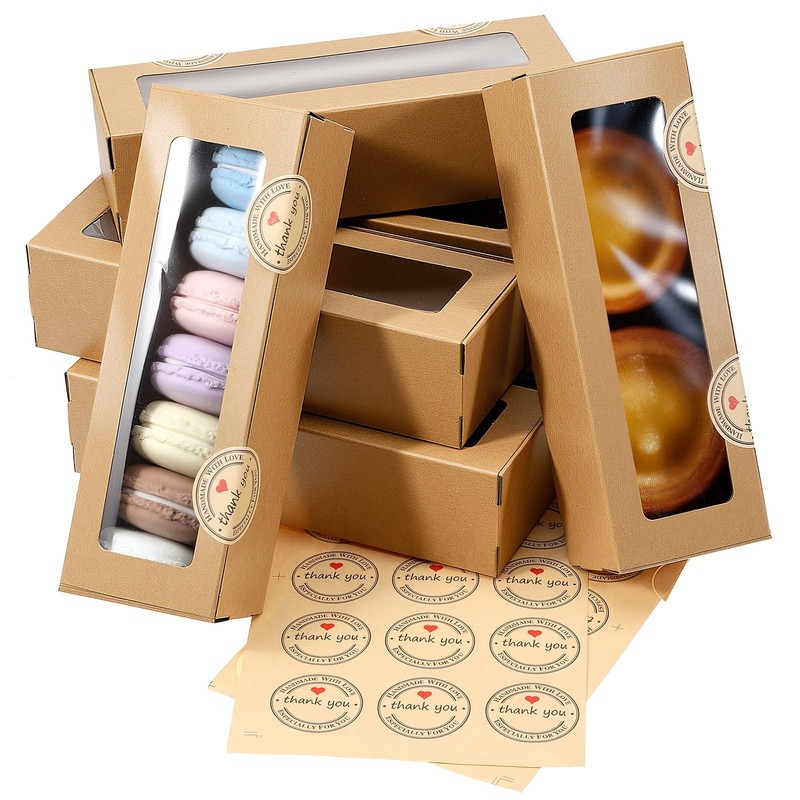 100 Pcs Brown Macaron Boxes with Window, Bakery Boxes with Stickers, Cookie