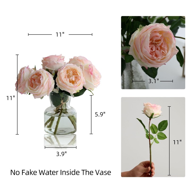 Grtefhu 6Pcs Fake Austin Rose Peonies Flowers Vase Clear Glass Vase Pink Real gallery