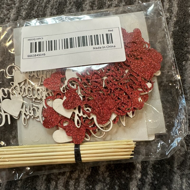 24 Pack Happy Valentine's Day Cupcake Toppers Wooden Picks Red Glitter Heart New gallery