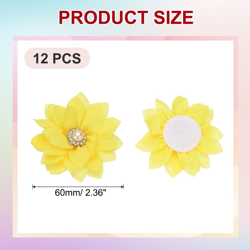2.36 in Rhinestone Chiffon Flower, 12 Pcs Fabric Appliques, Light Yellow gallery