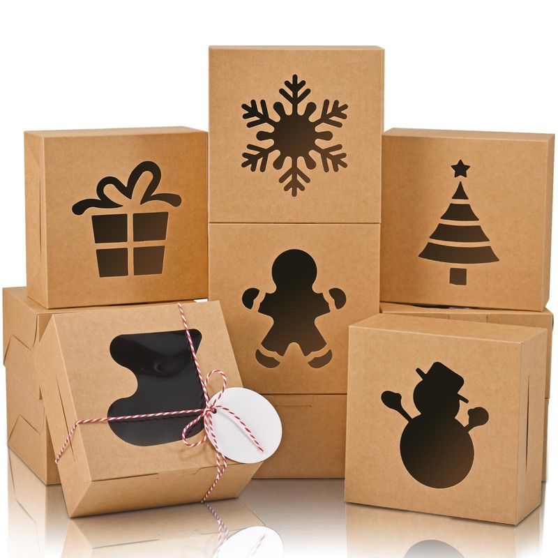 18 PCS Brown Christmas Cookie Boxes Window 6x6x3 Inch Bakery Treat Gift
