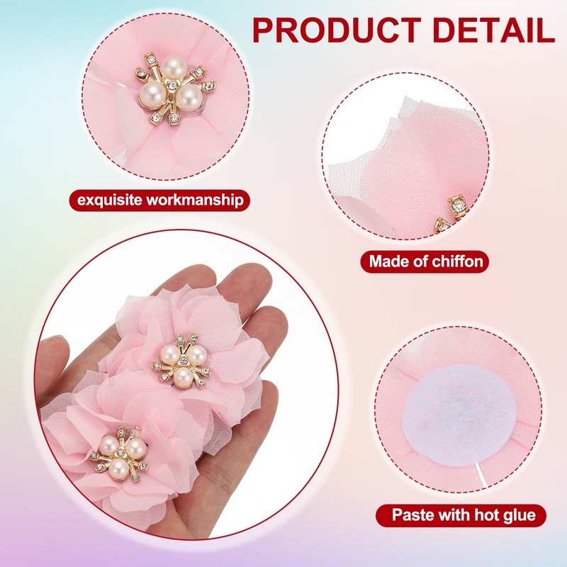 2.36 Inch Rhinestone Chiffon Flower, 15 Pcs Fabric Appliques, Pink gallery