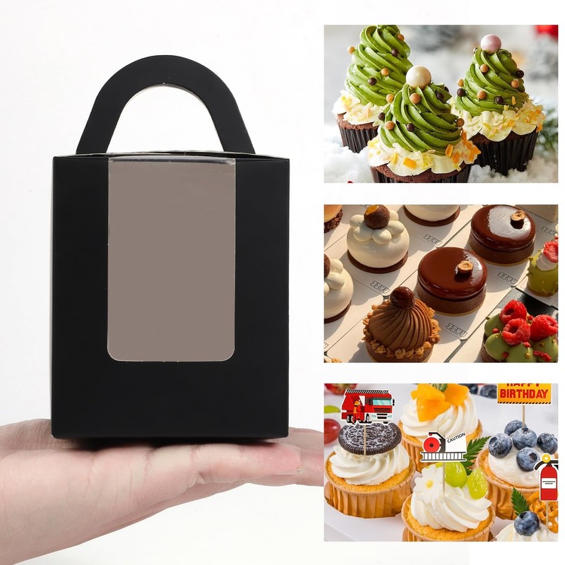120pcs Cupcake Boxes with Window and Handle Individual Disposable Black Singl... gallery