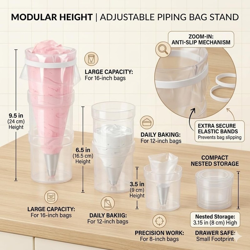 Stackable Piping Bag Holder Stand - Height Adjustable Cake Decorating Tools f... gallery