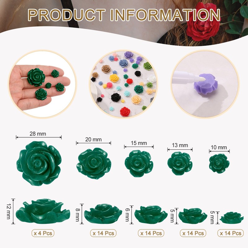 60Pcs Dark Green Resin Rose Flower Beads 5 Size Flatback Flower Charm gallery