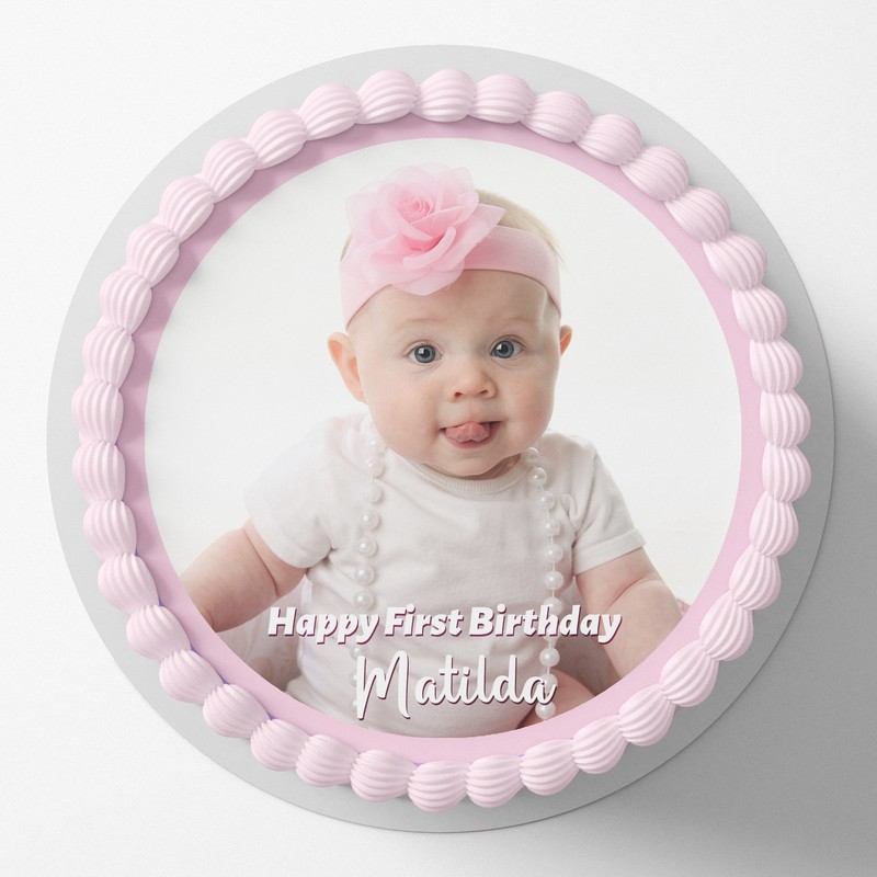 Custom Photo First Birthday Pre-cut Round Edible Icing Cake Topper