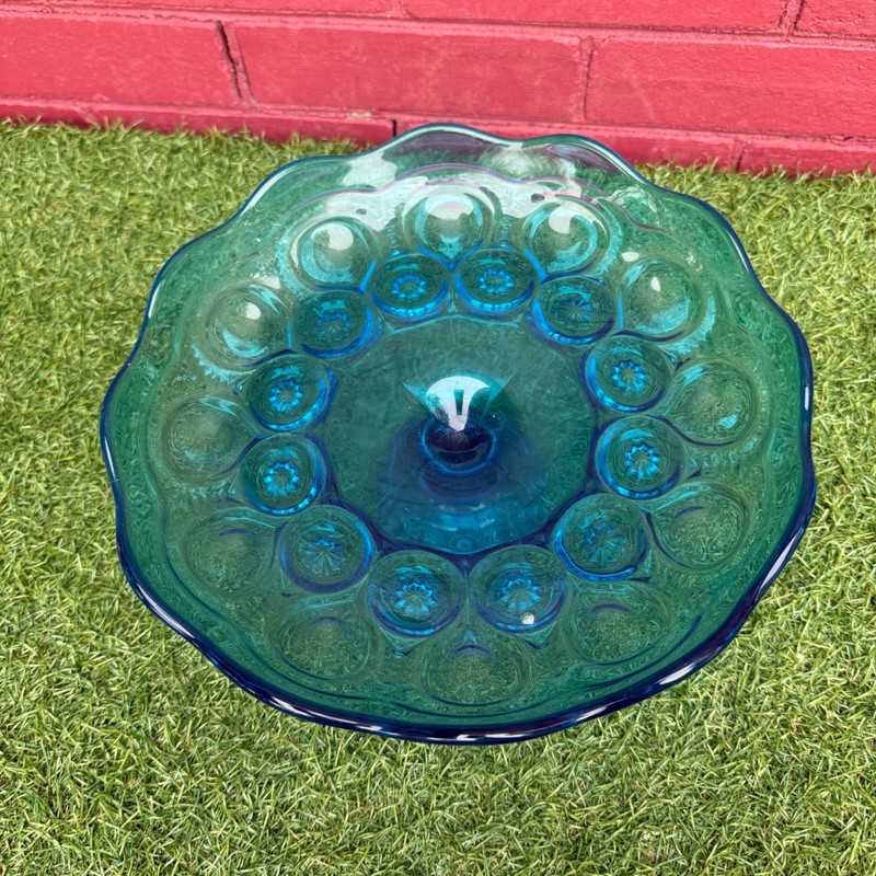 Vintage LE Smith Teal Moon and Stars Glass Pedestal Cake Stand Candy Dish gallery