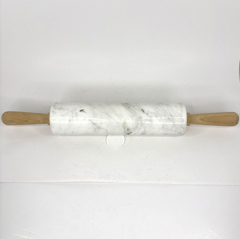 Polished Marble Rolling Pin White Gray 18" Long 10" Barrel Vintage Wood Handles gallery