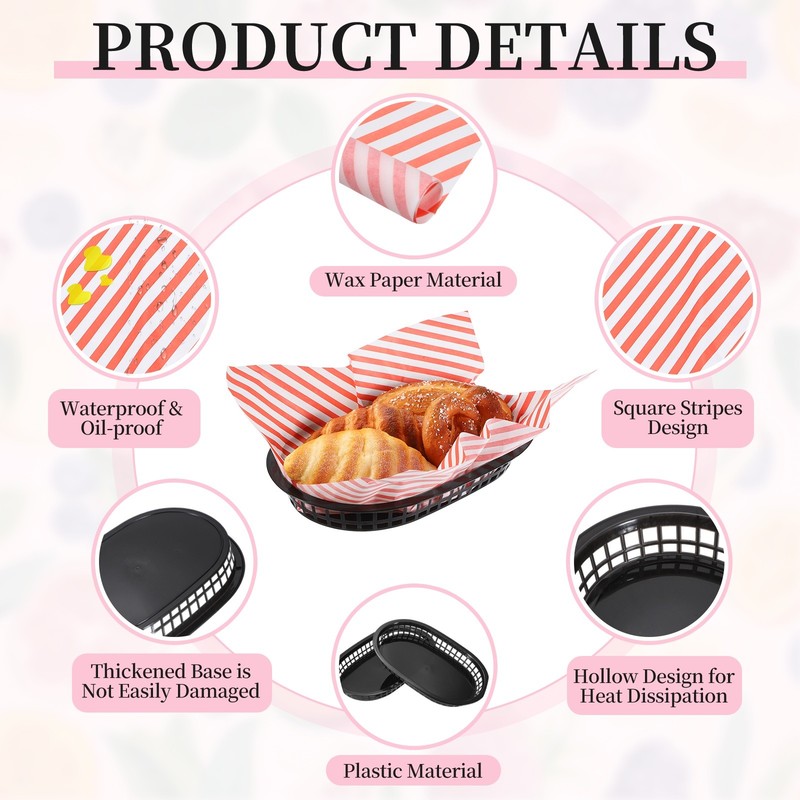 50pcs Twill Wax Paper Sheets with 5 Pcs Fast Food Baskets, Red gallery
