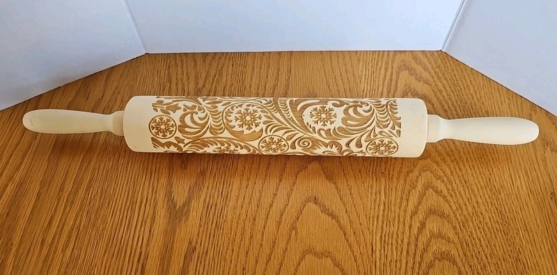 Embossed Springerle Wooden Rolling Pin Engraved Snow Flakes Plumes 17" Long gallery