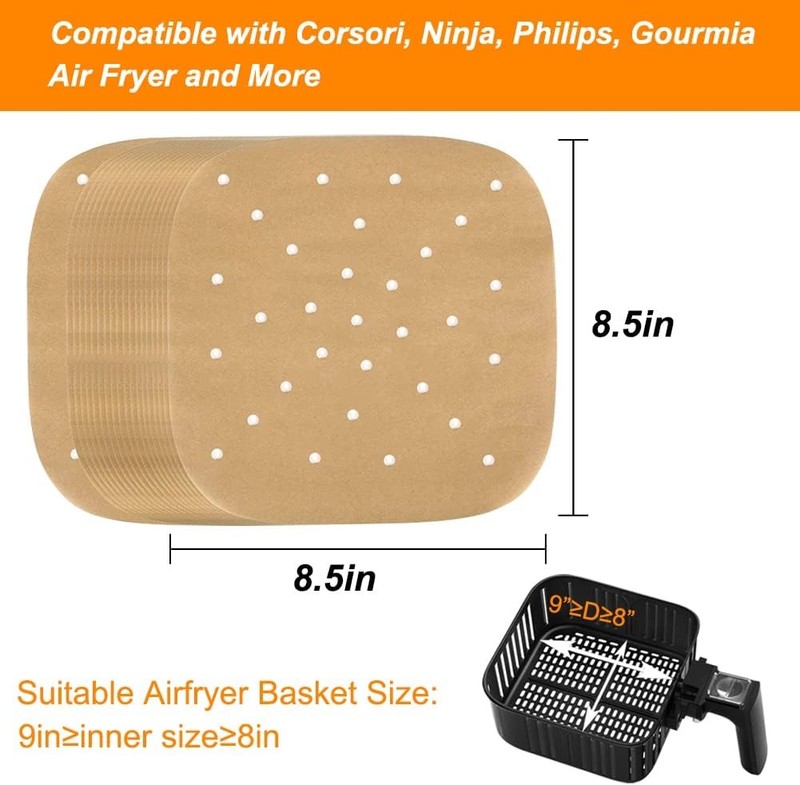 Air Fryer Parchment Paper, Set of 200, 8.5 Inch Unbleached Perforated