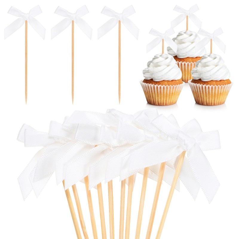 30Pcs Bow Cupcake Toppers, Ribbon Bow Cake Toppers for Cupcake Decor [White]