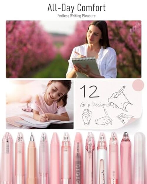 Rose Series Gel Pens, Cute Writing Pens with Black & Rose | 10 Black, 2 Pink gallery