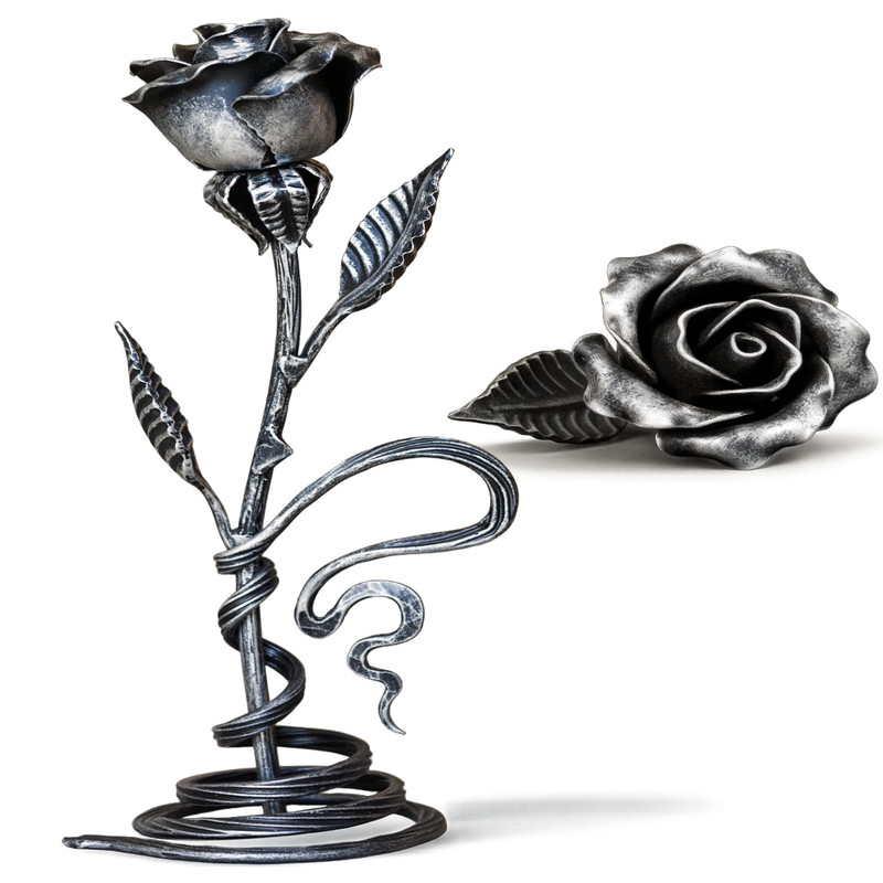 Metalart Hand Forged Metal Rose – Iron Anniversary Flower Decorative Stand –