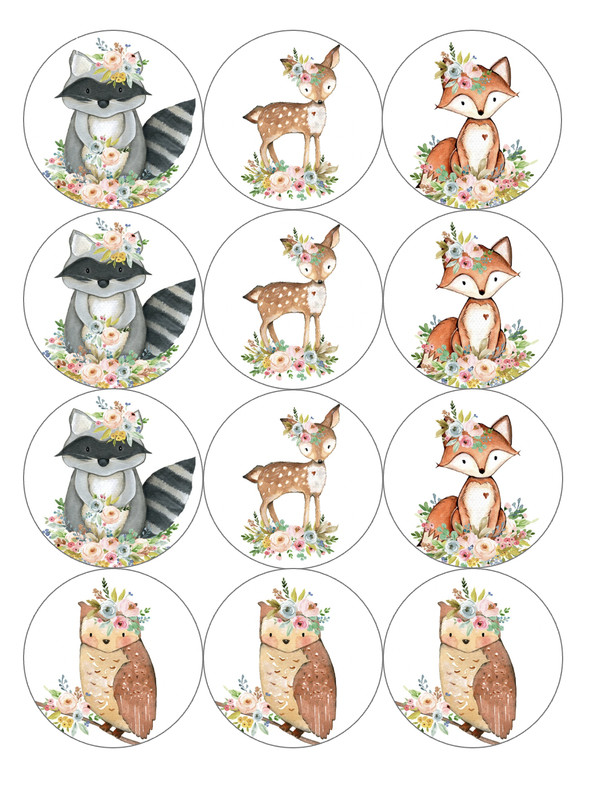 12 cute woodland animals, baby shower edible paper, cupcake cookie toppers