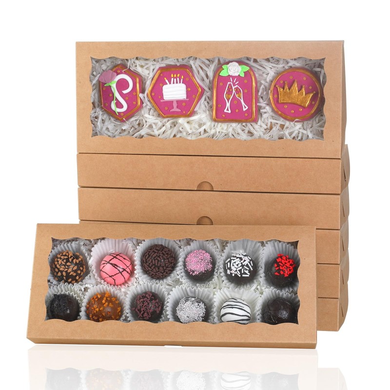 Brown Cookie Boxes Window Bakery Macaron Donut Treat Box 12x5x1.5 Inch 15 PCS