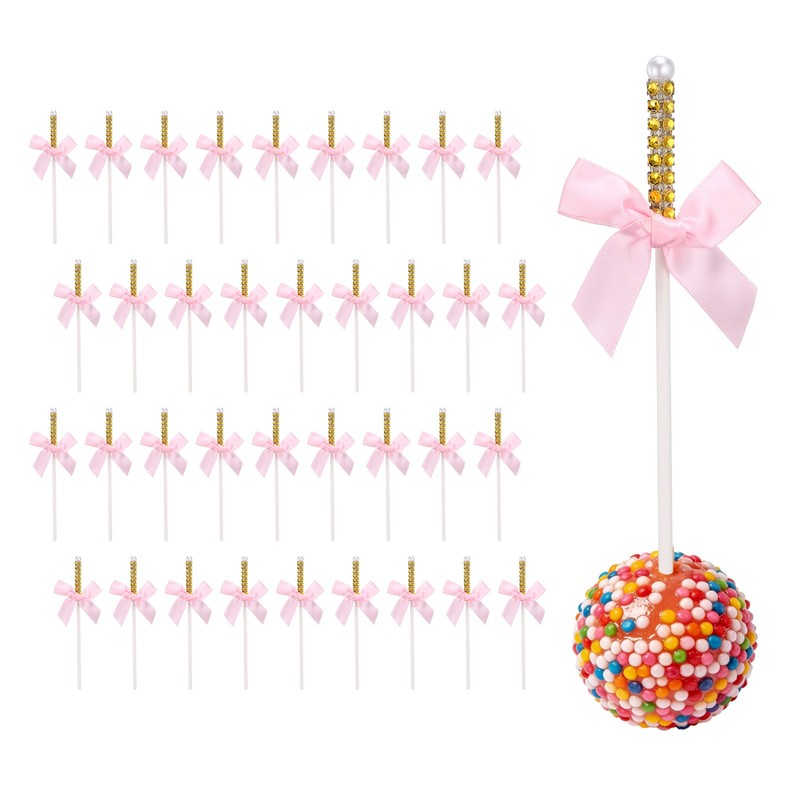 36 Pcs Bling Rhinestone Cake Sticks, Bow Lollipop Cake Toppers Pick, Bright Red