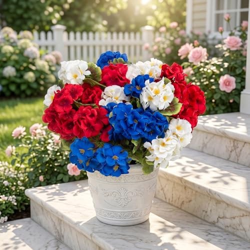 Pcs Artificial Geraniums Realistic Silk Patriotic 8 Red, White, Blue gallery