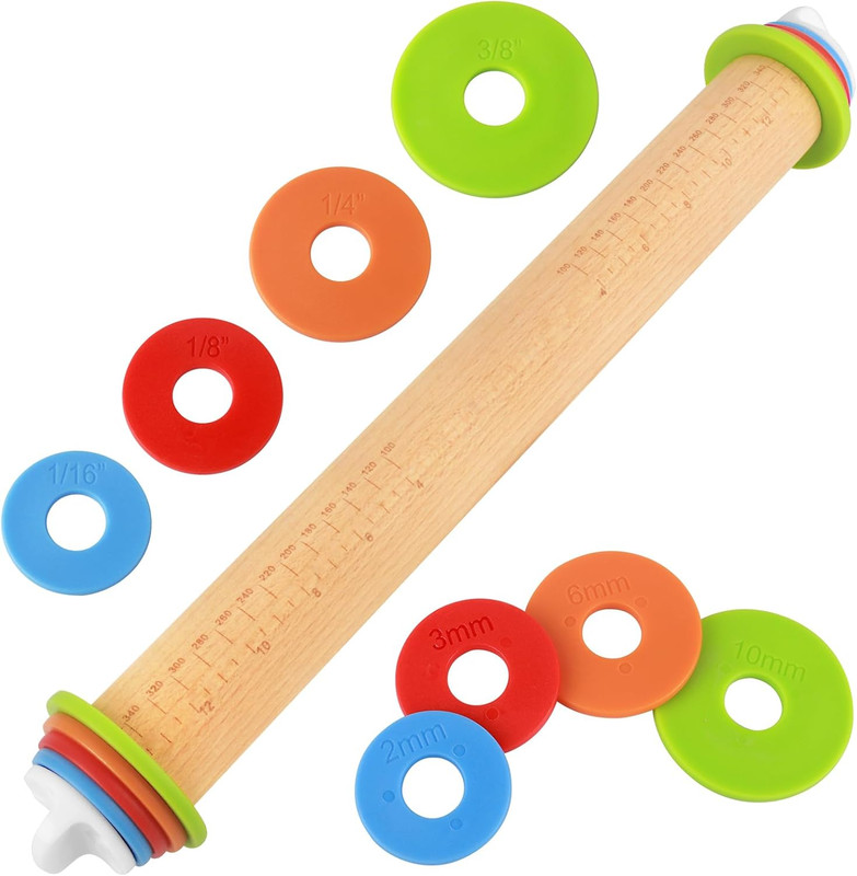 Wood Rolling Pin with Thickness Rings, Adjustable Wooden Rolling Pins for Baking