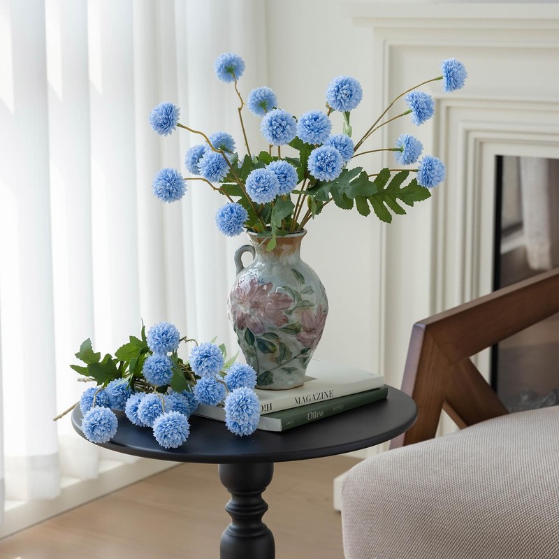 Mizii 6Pcs Blue Fake Silk Pompon Mum Artificial Flowers Bulk Small Faux gallery