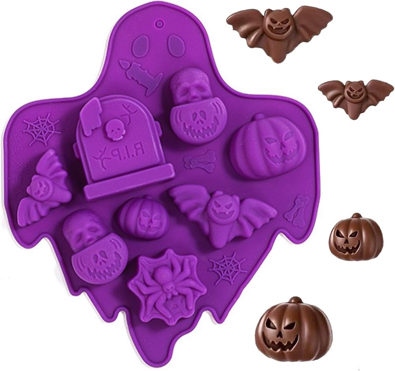 Halloween Silicone Molds Pumpkin Skull Chocolate Molds Bat Spider Tombstone Choc