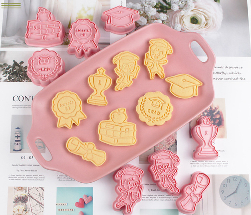 GRADUATION COOKIE CUTTER SET (8 pcs), Graduation Fondant Embosser, Hat, Diploma, gallery