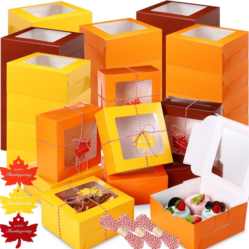 48 Pcs Fall Treat Boxes with Window 6.3×6.3×3 Inch Thanksgiving Cookie Boxes …