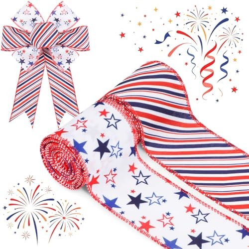 12 Yards Patriotic Wired Ribbons, 2 Rolls 2.5″ Red White and Blue Star &